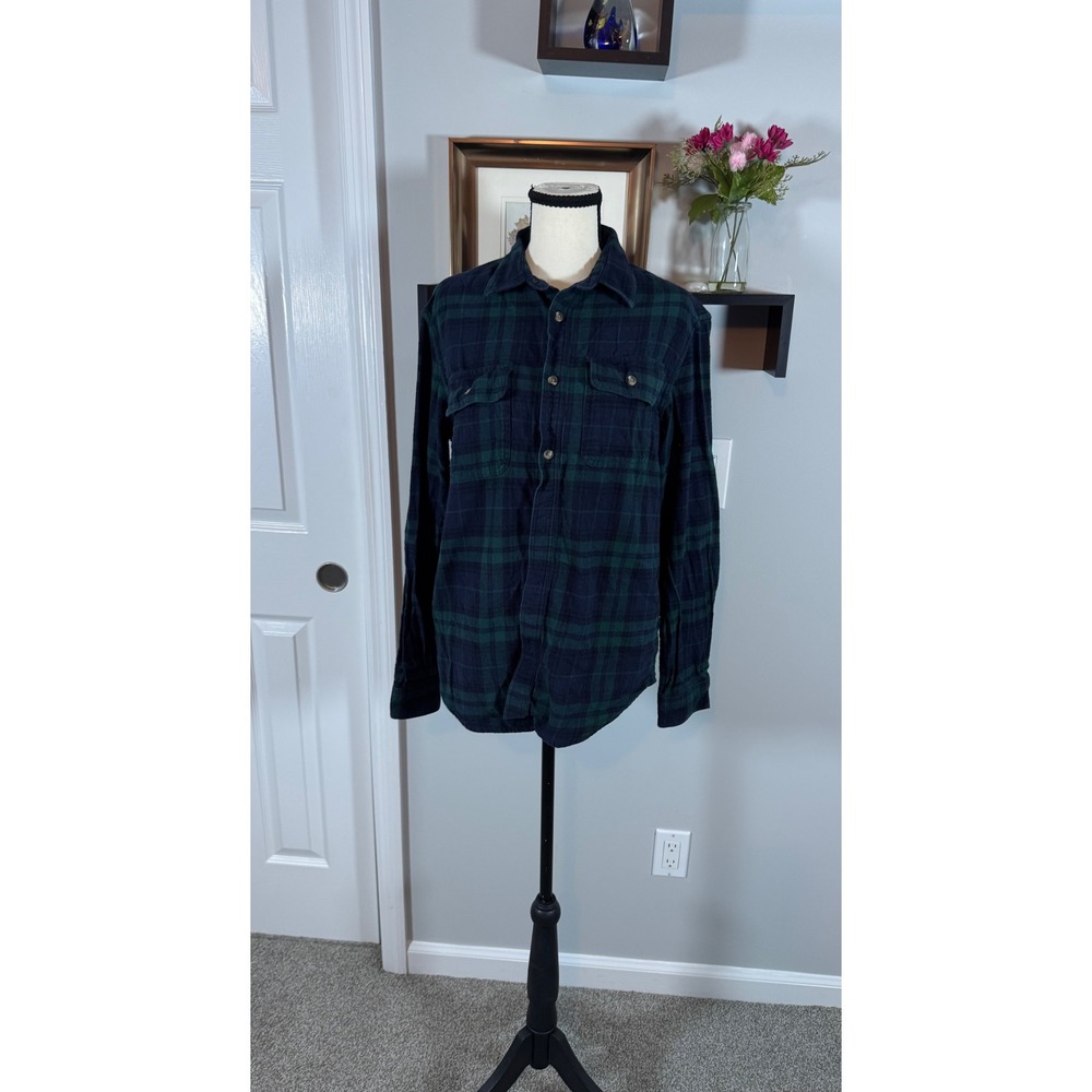 Old Navy Double-Brushed Flannel Shirt Navy Green Blackwatch Plaid M Long Sleeve
